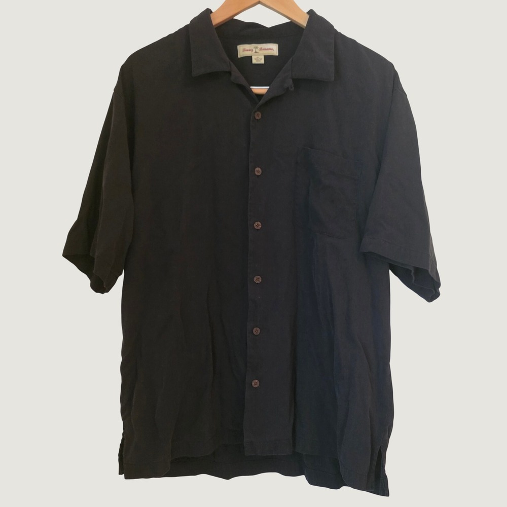 Tommy Bahama Shirt 100% Silk Black Button Down Camp Hawaiian Mens Top XL